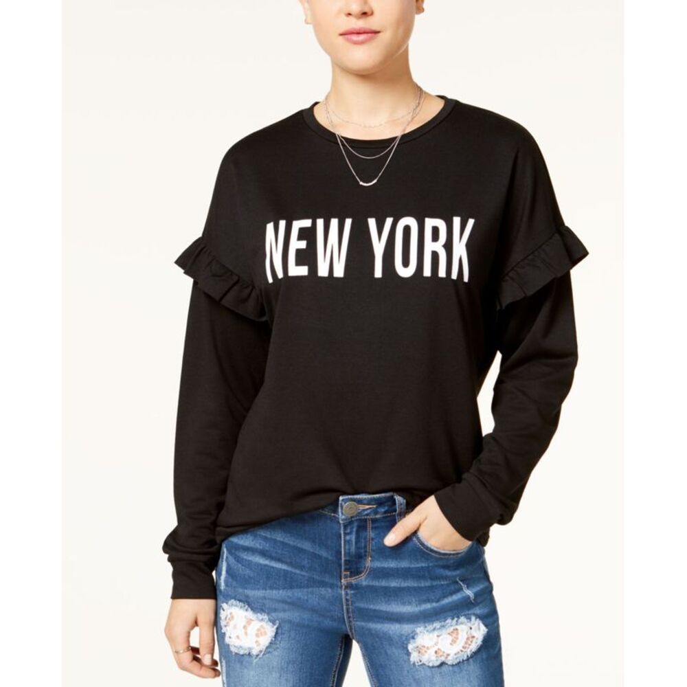 Pretty Rebellious Juniors Ruffled New York Graphic Sweatshirt